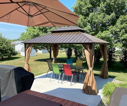 Domi 12' x 16' Hardtop Gazebo Permanent Metal Gazebo with Galvanized Steel Double Roof, Curtains and Netting for Party, Wedding, Outdoor Dining, Patio, Backyard, Brown - color: Brown, size: 12'×16' Double Roof