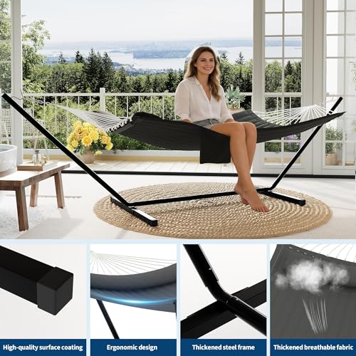 Garvee﻿ 2 Person Hammock with Stand for Outside, Double Hammock with Stand and Pillow, Max 450 Lbs Capacity with Balance Rope, Large Hammock for Outdoor Patio Backyard Poolside - color: Dark Gray, size: Arc Shaped