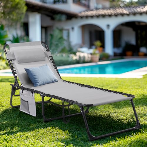 Unovivy Outdoor Chaise Lounge Chairs Set of 2, Portable Folding Pool Lounge Chair with 5-Position Reclining Back, Teslin Tanning Chair for Pool, Beach, Patio, Sunbathing - color: Grey
