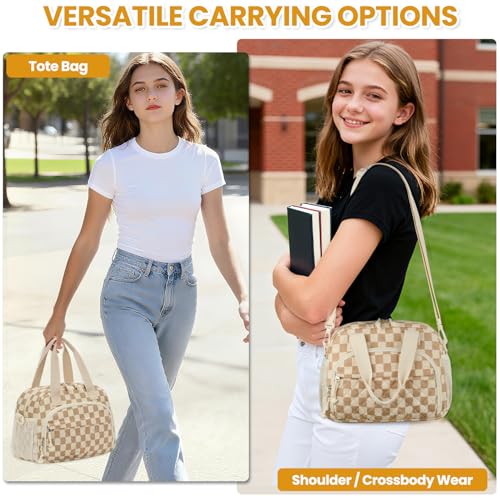 ELONGRIVER Corduroy Insulated Lunch Bag for Women Teen Girls, Portable Adult Lunch Box, Reusable Tote Cooler Bags, Lightweight Womens Lunch Bags with Front Pockets Work Picnic Travel,Khaki Checkered - color: Khaki Checkered
