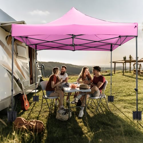 Tangkula 10x10 FT Pop Up Canopy, Instant Setup Outdoor Tent with Heavy-Duty Carbon Steel Frame, Wheeled Bag, 4 Sandbags, 8 Stake, 4 Ropes, Portable Canopy Tent for Parties Events Camping (Pink) - color: Pink