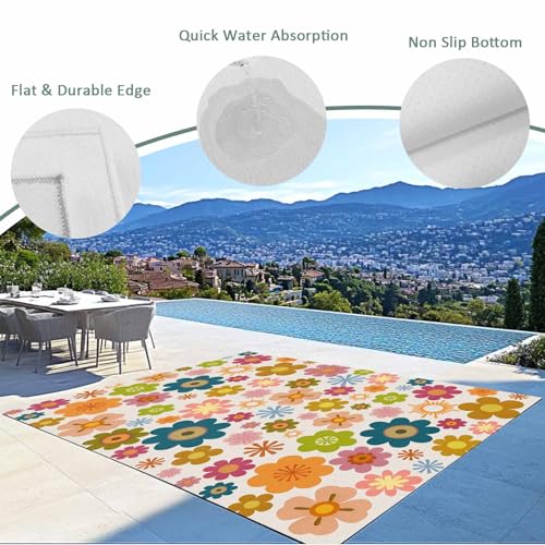 Outdoor Rug, Colorful Flower Boho Style Indoor Area Rug Outdoor Carpet RV Camping Rugs 5x8ft Retro Flowers Outside Mat for Patio Picnic Porch Deck Balcony Backyard - size: 5' x 8' (Rectangular)