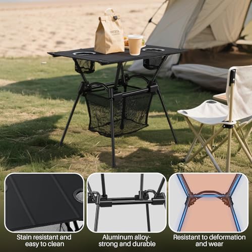 FUNYKICH Camping Table with Cup Holders and Mesh Storage Net, 23.2''x15.8''x20.1'' Lightweight Portable Folding Camp Table, Ideal for Camping, Hiking, Tailgating, Beach, Picnic, Travel, Backyard - size: Fabric tabletop-23.2''x 15.8''x 20.1''