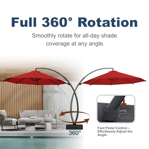 12FT Cantilever Umbrella with Base Large Curvy Outdoor Aluminum Offset Umbrella w/ 360° Rotation, UV Resistant Canopy for Patio, Garden, Backyard, Red - color: Red, size: 12FT