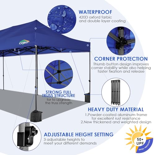 COBIZI 10x30 Pop up Carport Heavy Duty Without Sidewalls, Easy Set-up Commercial Outdoor Party, 100% Waterproof Wedding Canopy Gazebo, 3 Height Adjustable with Wheeled Bag, Navy Blue - color: Navy Blue, size: 10'x30'(no Walls)