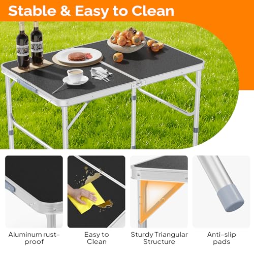 VINGLI 3FT Small Camping Table Adjustable Height Aluminum Folding Table for Picnic Party BBQ, Plastic RV Suitcase Table Portable Lightweight Fold Up Utility Outdoor Tables with Carrying Handle … - color: Black, size: 3ft