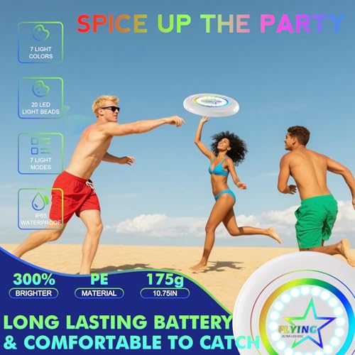 Umnodobn Light Up Flying Disc Toy Kids, Adults, Teens – 7 Glow in the Dark Modes, 22 Bright LEDs, Rechargeable, Outdoor Flying Sport Disc for Night Games, Family Fun, Beach, Park, Camping