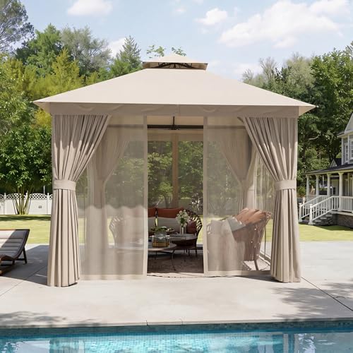 Aoxun Outdoor Gazebo for Patio 10x10 Metal Frame Canopy with Double Roofs Heavy Duty Party Tent and Shelter with Mosquito Netting and Privacy Screen for Backyard, Lawn, Garden, Deck (Khaki) - color: Khaki, size: 10 X 10