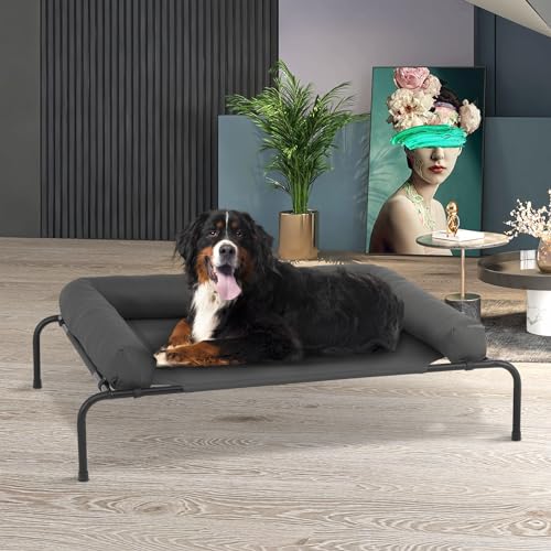 MoNiBloom Outdoor Elevated Dog Bed w/Removable Bolster, Portable Raised Outdoor Dog Bed with Stable Anti-Slip Feet & Breathable Mesh, 55 Inches Length, Dark Gray - color: Dark Gray, size: 55"L