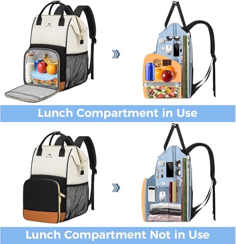 MATEIN Insulated Lunch Backpack for Women, 15.6 Inch Work Laptop Backpack with Lunch Compartment, Water-Resistant College Computer Backpacks Meal Prep Lunch Bag Gifts for Nurse Teacher Office Picnic - color: Black White Brown, size: 15.6inch