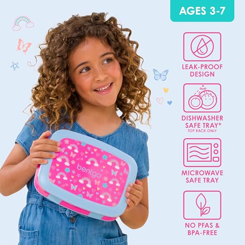 Bentgo Kids Prints Leak-Proof, 5-Compartment Bento-Style Kids Lunch Box - Ideal Portion Sizes for Ages 3-7, Durable, Drop-Proof, Dishwasher Safe, & PFAS & BPA-Free Materials (Rainbows & Butterflies) - color: Rainbows and Butterflies