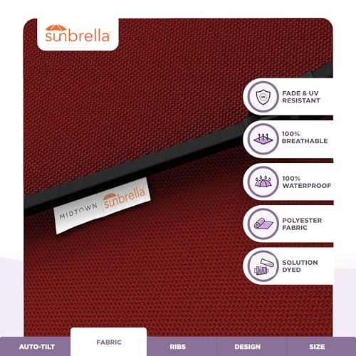 Midtown Umbrellas - The Lean 9 Ft Patio Umbrella with Fade-Resistant Sunbrella Fabric, Auto-Tilt Aluminum Frame and 8 Reinforced Ribs for Deck, Pool & Garden - Red Canopy, Black Pole - color: Sunbrella Red, size: 9 Feet