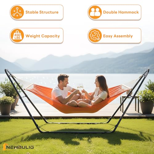 NEWBULIG Double Hammock Stand Only, 450 Pound Capacity, Fits 9 to 14 Feet Hammocks, Heavy Duty Hammock Stand for Outside for Garden Backyard Patio Pool Beach with Carrying Case - color: Glossy Black, size: 125IN