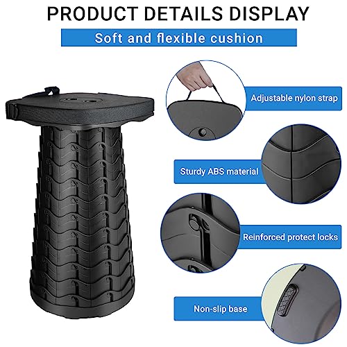 Upgraded Square Folding Stool, Max Load Capacity 485lbs, Portable Collapsible Seat, Telescoping Foldable Stool for Camping, Fishing, Hiking, Travel - color: Black