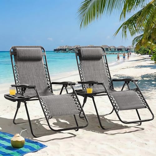Homall Zero Gravity Chair Patio Folding Lawn Outdoor Lounge Reclining Chair with Cup Holder Pillows for Poolside Backyard and Beach Set of 4 Double Grey - color: Double Grey, size: 4 PCS