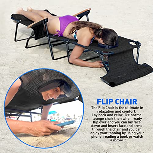 EASYGO PRODUCTS FLIP Face Down Tanning Chaise Lounge Chair with Face & Arm Holes - 4 Legs Support - Textilene Material - 6 Position - Arm Head Rest Pillow - Beach or Home Use - color: Flip Black