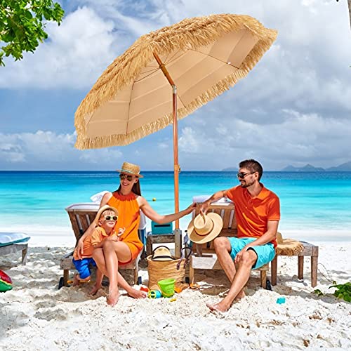 Tangkula 6.5Ft Tiki Patio Umbrella, Hawaiian Style Outdoor PE Grass Umbrella with Tilt Adjustment, 8 Ribs, Portable Thatched Beach Umbrella for Garden, Yard, Poolside - color: Natural, size: 6.5Ft