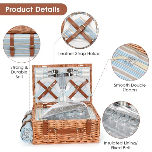 HappyPicnic Wicker Picnic Basket Set for 4 Persons | Large Willow Hamper with Large Insulated Cooler Compartment, Waterproof Blanket and Cutlery Service Kit-Classical Brown - color: Dark Honey Color for 4 Persons