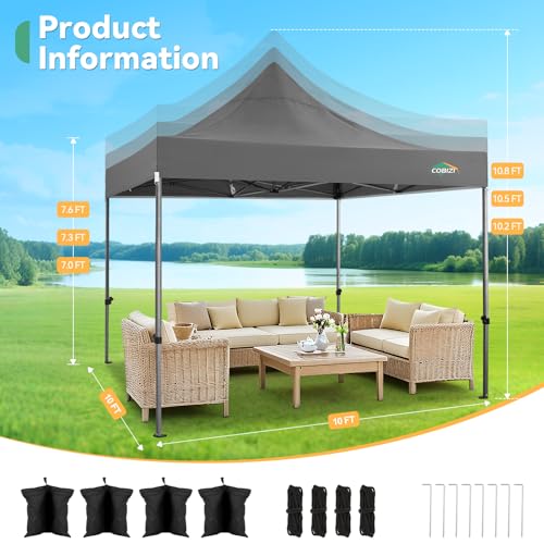COBIZI 10x10 Heavy Duty Pop Up Canopy Tent with 4 Sidewalls Thicken Frame, Commercial Easy Up Outdoor Wedding Party Tents, All Season Waterproof Windproof with Stakes Sandbags Ropes Roller Bag, Gray - color: Gray, size: 10x10