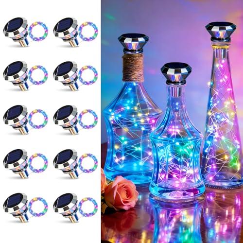 ANGMLN Solar Diamond Shaped Wine Bottle Cork Lights 10 Pack 20LED Solar String Fairy Lights Outdoor Waterproof for Wedding Holiday Garden Patio Pathway Bar Concert Outdoor Decorative (Multicolor) - color: Multicolor
