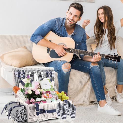 Picnic Basket for 4 Persons with Waterproof Picnic Blanket and Insulated Cooler, Large Wicker Picnic Basket for Camping, Outdoors, Valentine's Day, Christmas, Birthday, Wedding Gift - color: White Basket