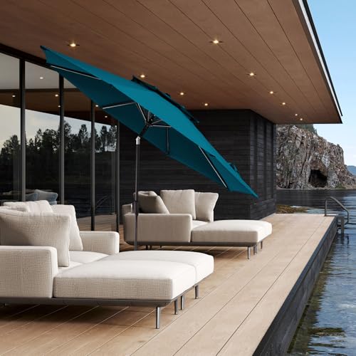 JEAREY 9' 2-Tiers Patio Umbrellas Outdoor Table Market Umbrella w/Push Button Tilt/Crank, 8 Sturdy Ribs, UV Protection Waterproof Sunproof(Cerulean) - color: Cerulean