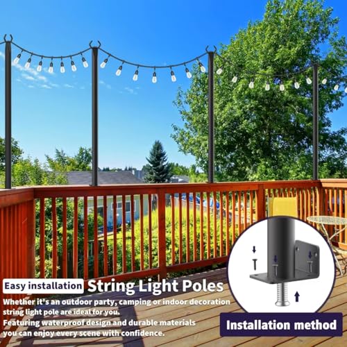 AHRLHR 5 Ft String Light Poles 6 Pack, String Light Poles for Outside with Fixing Clips,Hanging Light Poles for Deck Fence Garden Backyard Wall Bistro,Metal Poles for Outdoor String Lights - size: 6 Pack-5FT