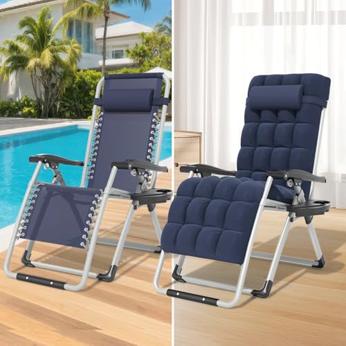 Magshion Zero Gravity Chair with Cushion, Reclining Outdoor Patio Lounge Chair, Folding Indoor Anti Gravity Recliner, Portable Lounger with Removable Cup Holder Side Tray and Pillow Headrest (Blue) - color: Blue