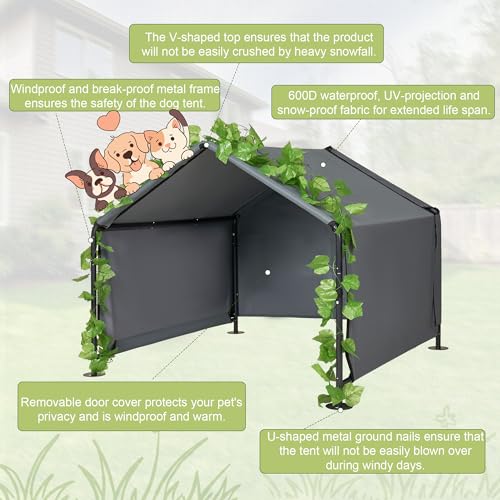 4'x 4'x 3.3' Large Dog Shade Shelter Outdoor Tent Dog House for Large Medium Dogs, Outside Sun Rain Canopy Pet House for Homeless Cats Livestock with Rainproof Cover with Artificial Grapevine Leaves