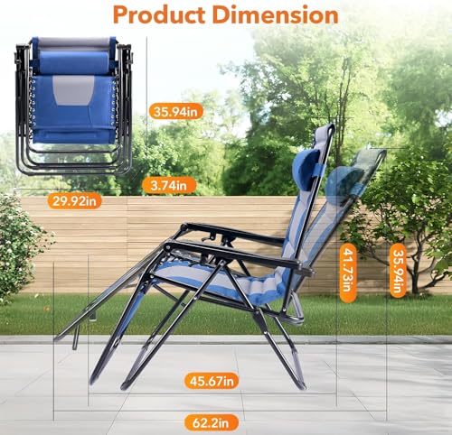 Simple Deluxe Relaxing Recliners Patio Chairs Adjustable Steel Mesh Zero Gravity Lounge Chair Beach Chairs with Pillow and Cup Holder, Blue Grey - color: Blue Grey, size: 62.2"(L) x 29.13"(W) x 41.73"(H)