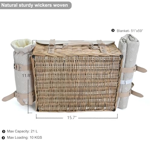 Multifunctional Wicker Picnic Basket Set for 4 with Blanket and Picnic Table, Insulated Picnic Set with Full Tablewares for Camping Outdoor Couples, Flowers - color: Flowers With Blanket &Table for 4
