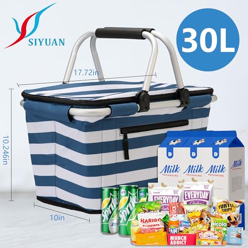 SIYUAN Picnic Basket with Handles 30L Large Stripped Insulated Cooler Leakproof Grocery Shopping Market Tote for Family Blue White - color: Blue White
