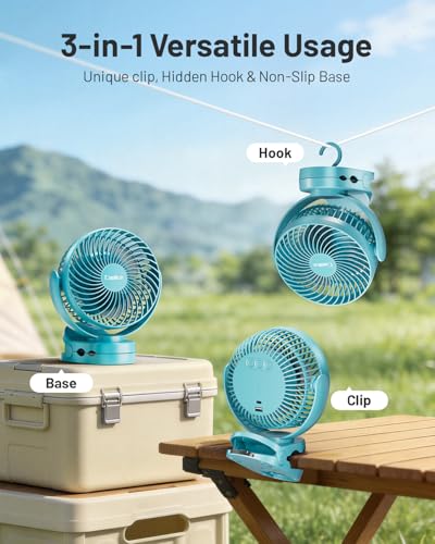 Camping Fan with Remote Control - 12000mAh Rechargeable Battery Powered Fan, Camping Fans for Tents with LED light & Hanging Hook, Rechargeable Battery Operated Ceiling Fans for Tent RV Bed, Blue - color: Blue