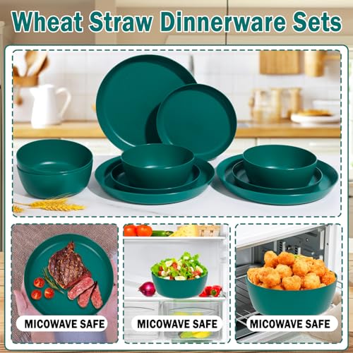 EI 12pcs Dark Green Wheat Straw Plates,Plate and Bowls Sets,Wheat Straw Dinnerware Set,Unbreakabl Plastic Plates Reusable,eMelamine Dinnerware Sets - color: Dark GreenWheat Straw Plates and Bowls