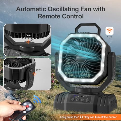Odoland Portable Camping Fan with LED Lantern, 20000mAh Rechargeable Battery Powered Fan with Auto Oscillation, Timer, Remote, 360° Rotation Hook, 4 Speeds for Power Outage Travel Home, Black - color: Black