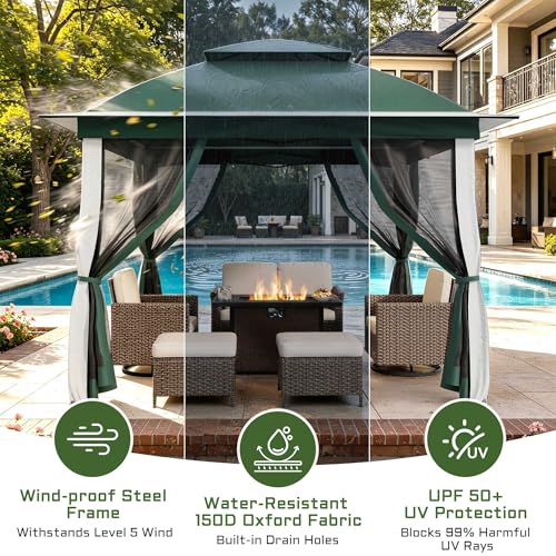 11'X11' Gazebo Pop Up with 4 Sidewalls Mosquito Netting, Heavy Duty Patio Gazebo Canopy Tent with Double Air Roofs for Backyards, Patios, Decks, Gardens, Parks - color: Green Top