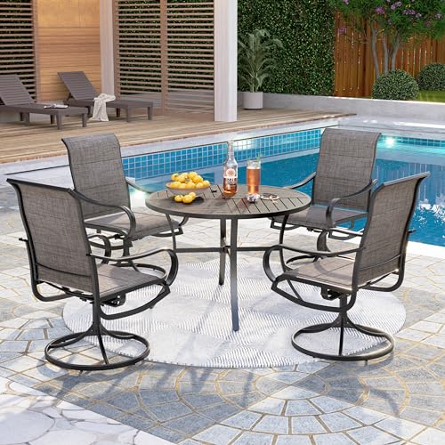 PHI VILLA Outdoor Patio Dining Set 5 Piece with 4 Padded Swivel Dining Chairs & 1 Large Round Dining Table, Textilene Mesh Fabric Chair and 42" Metal Table for All Weather - color: Brown Padded Fabric, size: 42"Dia x 28"H-Metal-5 Piece