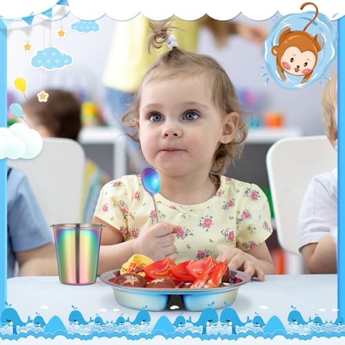 Tioncy 15 Pcs Stainless Steel Kids Dinner Set, 3 Bowls, 3 Balanced Bites Divided Plates, 3 Cups, 3 Spoons and 3 Forks, Stainless Steel Lunch Plates Dinnerware Set for Kids Toddlers(Monkey) - style: Monkey