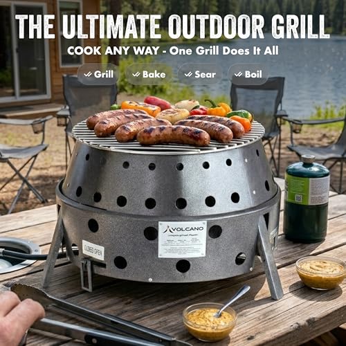 Volcano 2 Collapsible Grill Stove Portable Outdoor Stove with Carrying Case Compact 13” Cooking Surface Charcoal or Wood Compact Steel Camp Cooker for Backyard, Tailgating, Dutch Oven and Wok Cooking - style: Volcano 2 Base Grill (Charcoal/Wood)