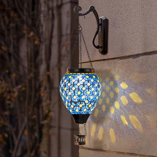 Mosaic Hot Air Balloon Solar Lantern with Flickering Flame, Blue Mosaic Hanging Solar Lantern Lights Outdoor Waterproof for Garden Patio Gifts for Women Mom Grandma - color: A_Mosaic Blue