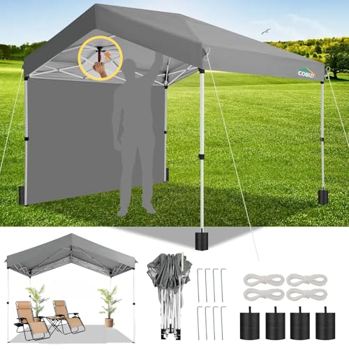 COBIZI 10x10 Pop up Canopy Portable Garage with 1-Button Push Center Lock, Car Port Garage with 1 Sidewalls UV Resistant Waterproof All-Season Tents Shelter for Truck - color: Gray, size: 10x10FT
