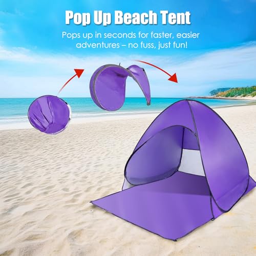 Pop Up Beach Tent, Sun Shelter for 2-3 Person, Sun Shelter with UPF 50+ & Lightweight, Portable Beach Tent Easy Pop Up for Outdoor Camping Fishing - style: Purple