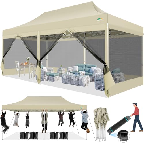 COBIZI 10x20 Canopy Tent with 6 Sidewalls,Heavy Duty Pop up Canopy with Mosquito Netting,Easy up Screen Tent for Parties Wedding Outdoor Patio with Roller Bag,Khaki - color: Khaki, size: 10x20ft(standard)