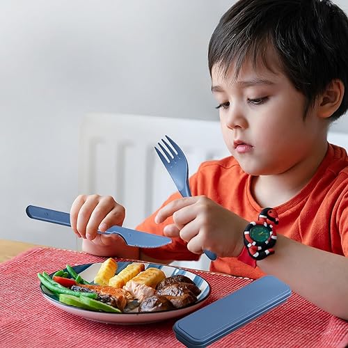 Reusable Travel Utensils Set with Case, 2 Sets Wheat Straw Portable Plastic Fork Spoons Knife Cutlery, Camping Eco-Friendly BPA Free Tableware for Kids Adults Work Picnic or Daily Use (Blue+Yellow) - color: Blue+Yellow