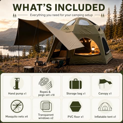 SENLEETO Inflatable Tents for Camping, Large Inflatable Camping Tent with Hand Pump, Easy Setup Tents for 4-6 People, Portable Glamping Tent - size: 177 Inch*177 Inch*98.4 Inch/6 -8 People