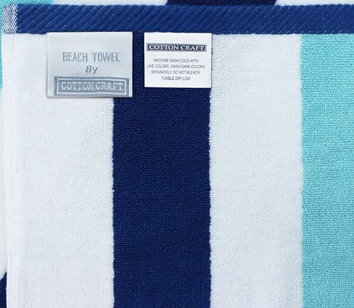 COTTON CRAFT Oversized XL Beach Towel - 2 Pack 39 x 68 inches Big & Huge Beach Blanket Towel - 100% Cotton Velour Thick Plush 450 GSM Super Soft Luxury - Pool Picnic Bath Towel - Cabana Stripe Blue - color: Ocean Blue, size: 2 Pack - 39x68