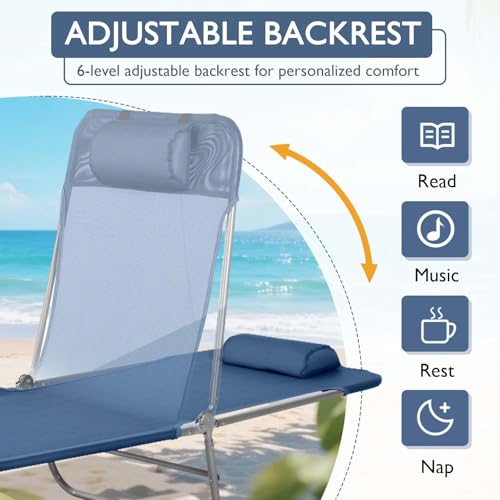 Majnesvon Folding Chaise Lounge Pool Chair, Patio Sun Tanning Chair, Outdoor Lounge Chair with 6-Position Reclining Back, Breathable Mesh Seat, and Headrest for Beach, Yard, Patio(Blue1) - color: Blue1
