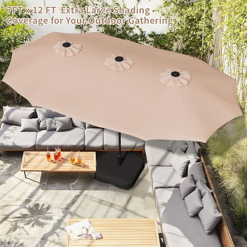 Shintenchi 13FT Large Patio Umbrella with Base, Outdoor Double-Sided Rectangular Shade with Crank Handle for Poolside Lawn Garden, Khaki - color: Khaki, size: 13FT