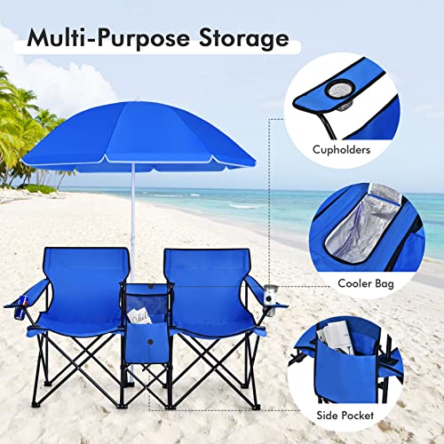 COSTWAY Double Portable Picnic Chairs, Folding Camping Chairs w/Detachable Umbrella, Cooler Bag, Cup Holders, Patio Beach Camping Chairs for Outdoors, Blue - color: Blue
