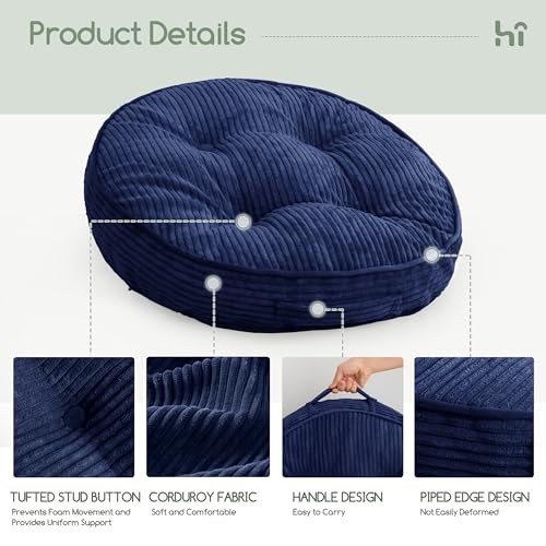 HIGOGOGO Floor Pillow Cushion for Adults, Meditation Cushion Pillow, Large Round Floor Sitting, Tufted Corduroy Cover, for Tatami Living Room or Yoga, 22x22 Inch, Navy - color: Round Navy, size: 4" Thick(Pack of 1)